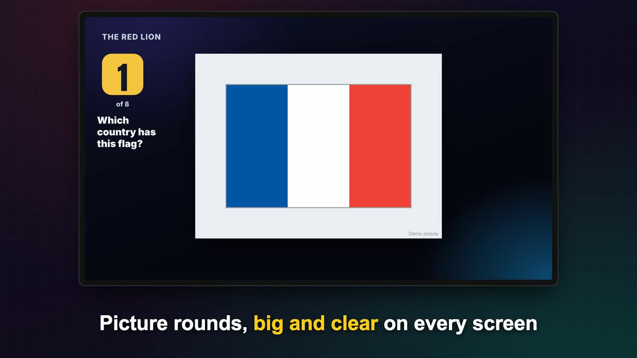 A hosted quiz on a pub TV: a picture round, the questions, the answers for marking and the final scores