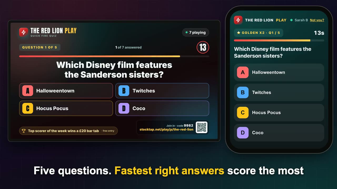 A Quick Fire round on a pub TV and a customer's phone, with the answers and the round scores