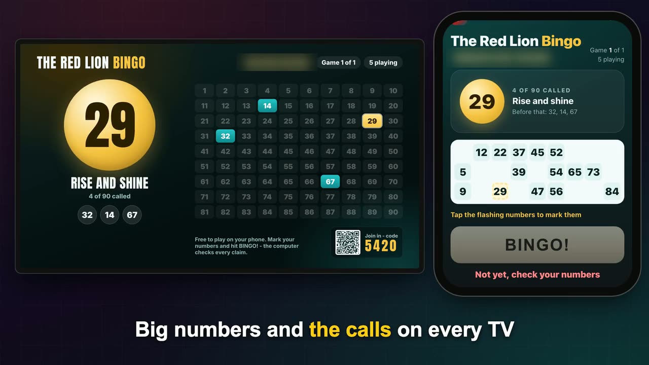Phone bingo: the called number and board on a pub TV and a bingo ticket on a phone