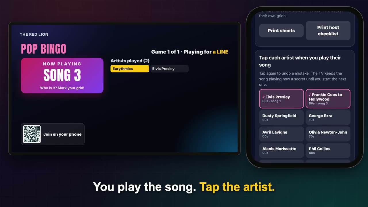 Pop Bingo: the song number and artists played on a pub TV, and the host tapping artists on a phone