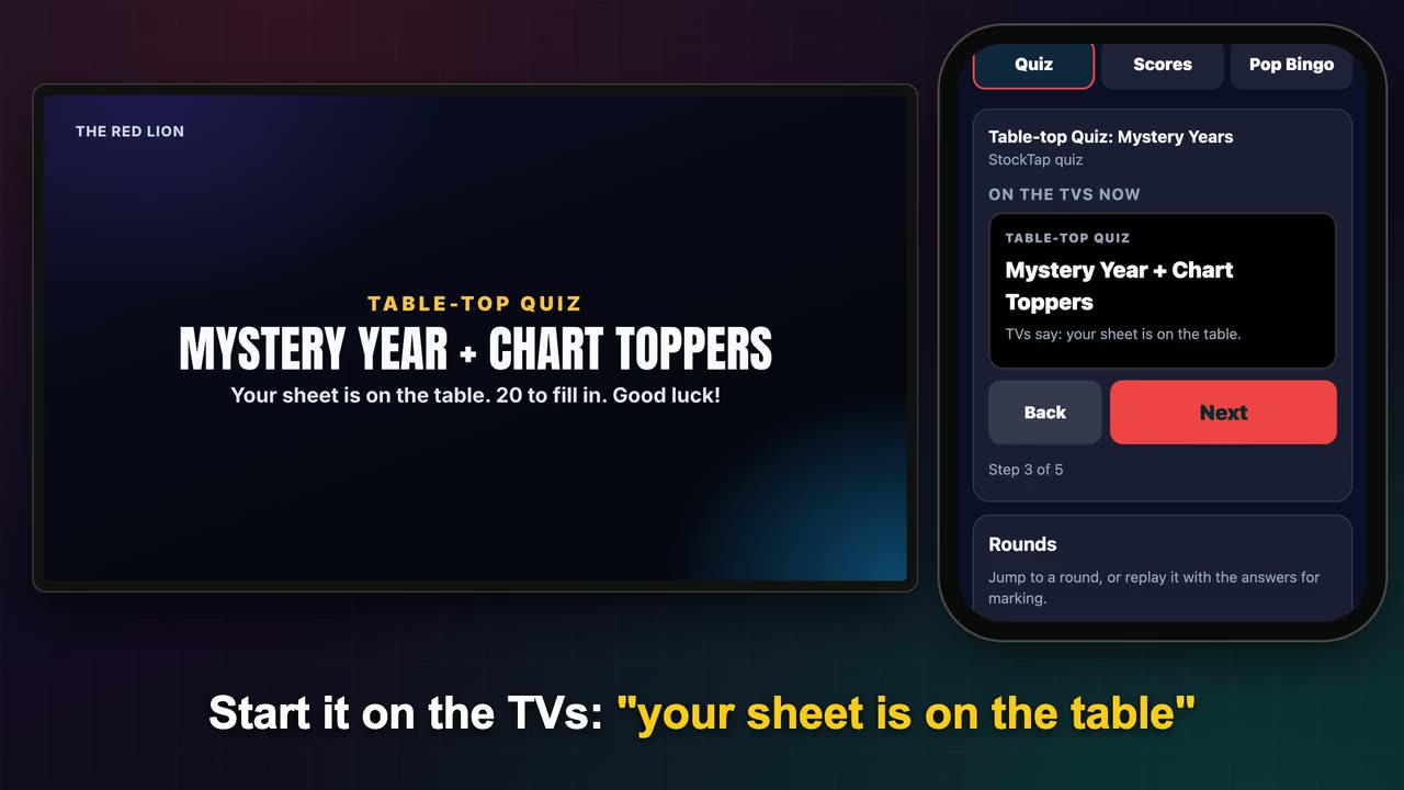 A table-top quiz title on a pub TV, run from the host's phone