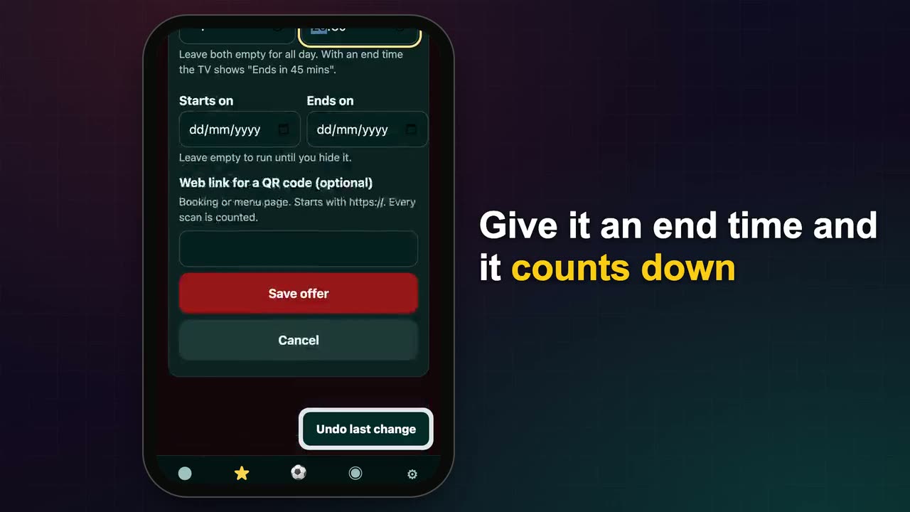 Adding an offer with a photo on a phone, then the offer counting down on a pub TV