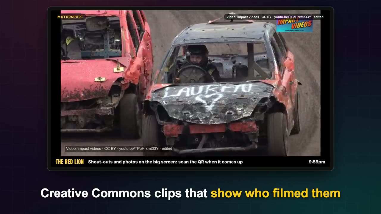 A silent motorsport clip on a pub TV with the filmer credited in the corner