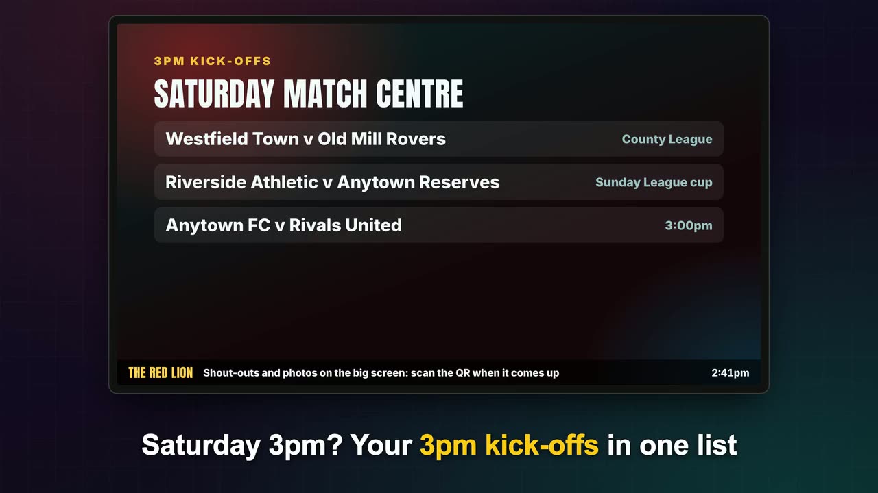 A kick-off countdown and the Saturday 3pm kick-offs list on a pub TV, and the prize wheel
