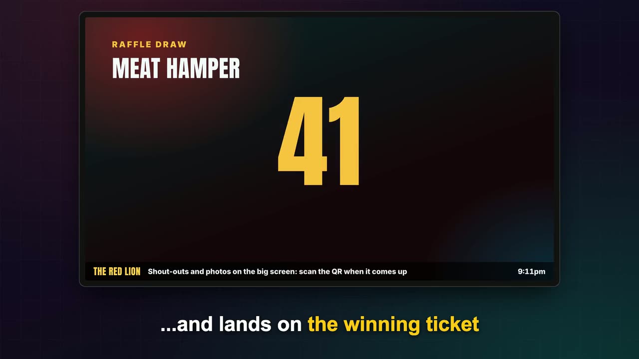 A raffle draw on a pub TV rolling to the winning ticket number