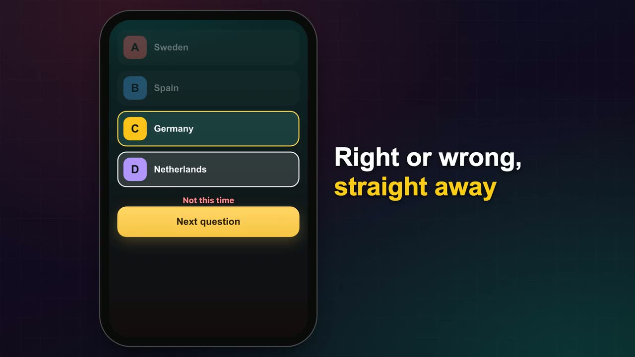 The daily five-question town challenge on a phone, with the score card to share