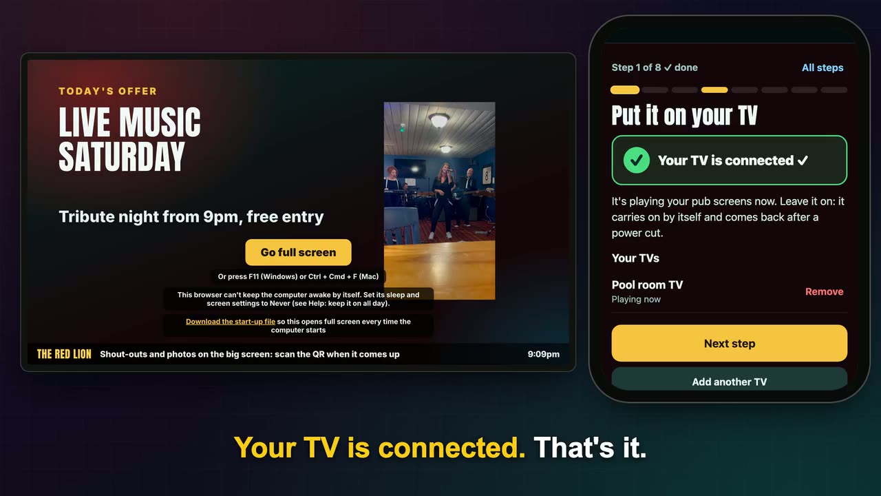 A pub TV connected with its 6-letter code, now showing the pub screens