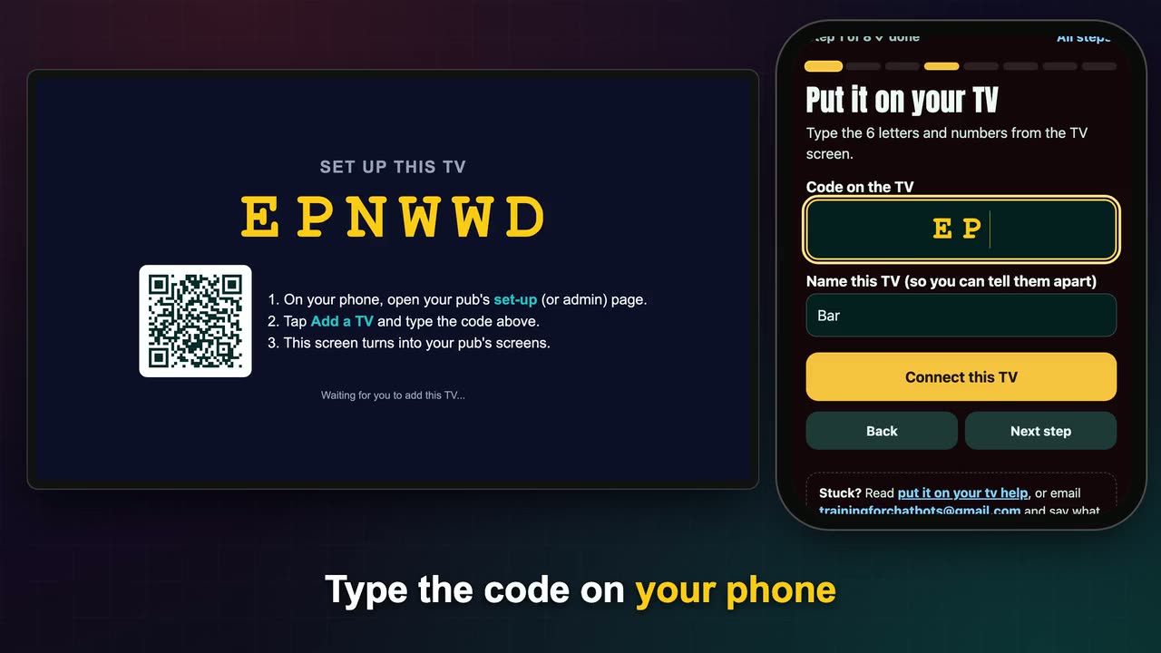 A pub TV showing a 6-letter code, and the code being typed into a phone