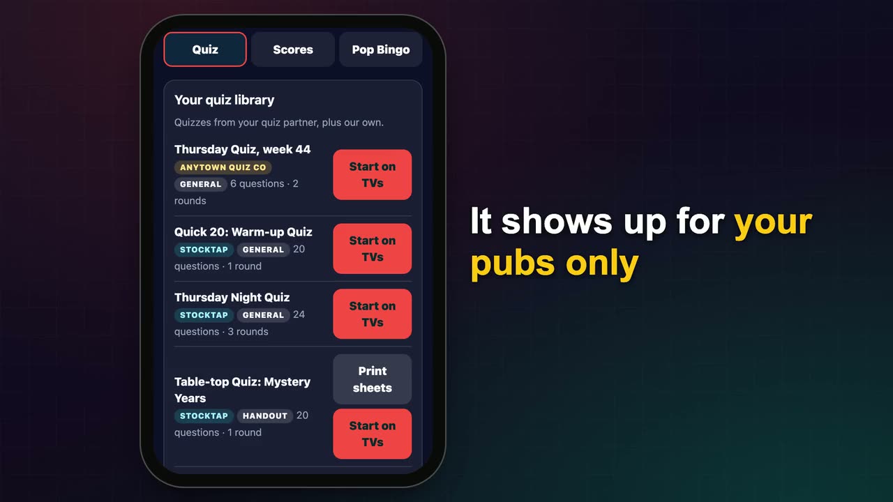 A quiz company's quiz library, with each quiz ready to start on the pub's TVs