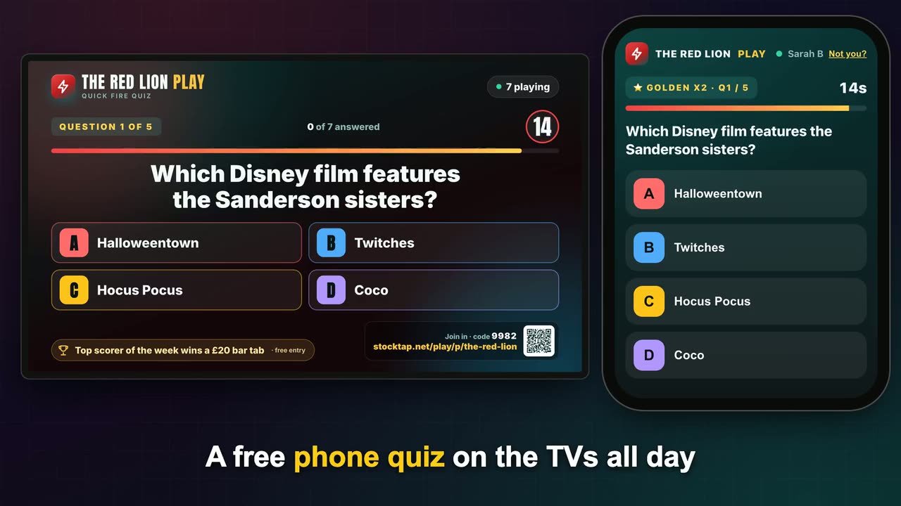 Everything StockTap TV does in about a minute: quiz night, the phone quiz, bingo, offers, clips, match day, football, raffles and shout-outs