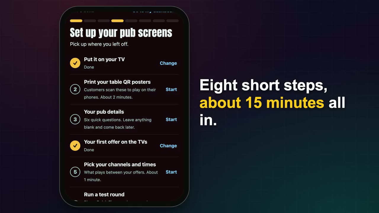 The set-up checklist on a phone: put it on your TV, print posters, pub details, first offer, channels and a test round
