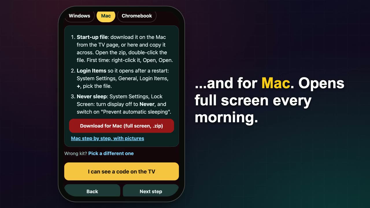 The Mac start-up file steps on a phone: download, add to Login Items and never sleep