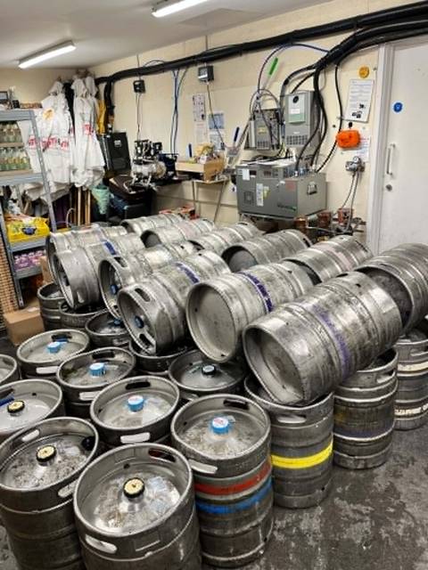 Kegs lined up in the Teal Farm cellar