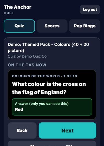 The quiz host screen on a phone, with an On the TVs now panel showing the question and the answer only the host can see