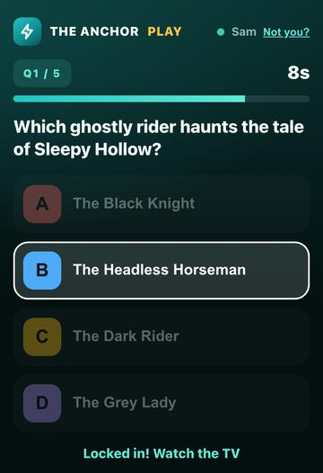 A quiz question on a customer's phone, with four answer buttons