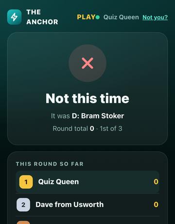 The answer reveal on a phone, with the round so far and who's top