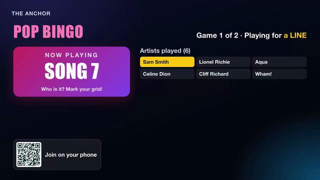 Pop Bingo on a TV: the song number, the artists played so far, and a big LINE when someone wins