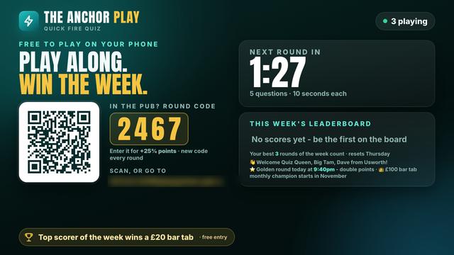 The Quick Fire screen on a TV between rounds: a QR code, the round code and the next round in 1 minute 27