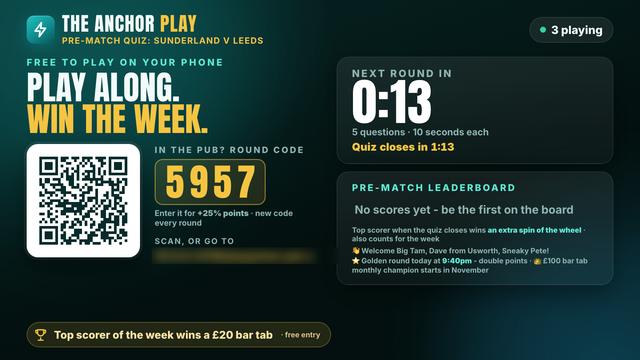 A pre-match quiz screen for Sunderland v Leeds, with the countdown and the pre-match leaderboard