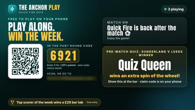 A test pub's quiz screen on a TV announcing the pre-match quiz winner, with the round code and a QR code to play
